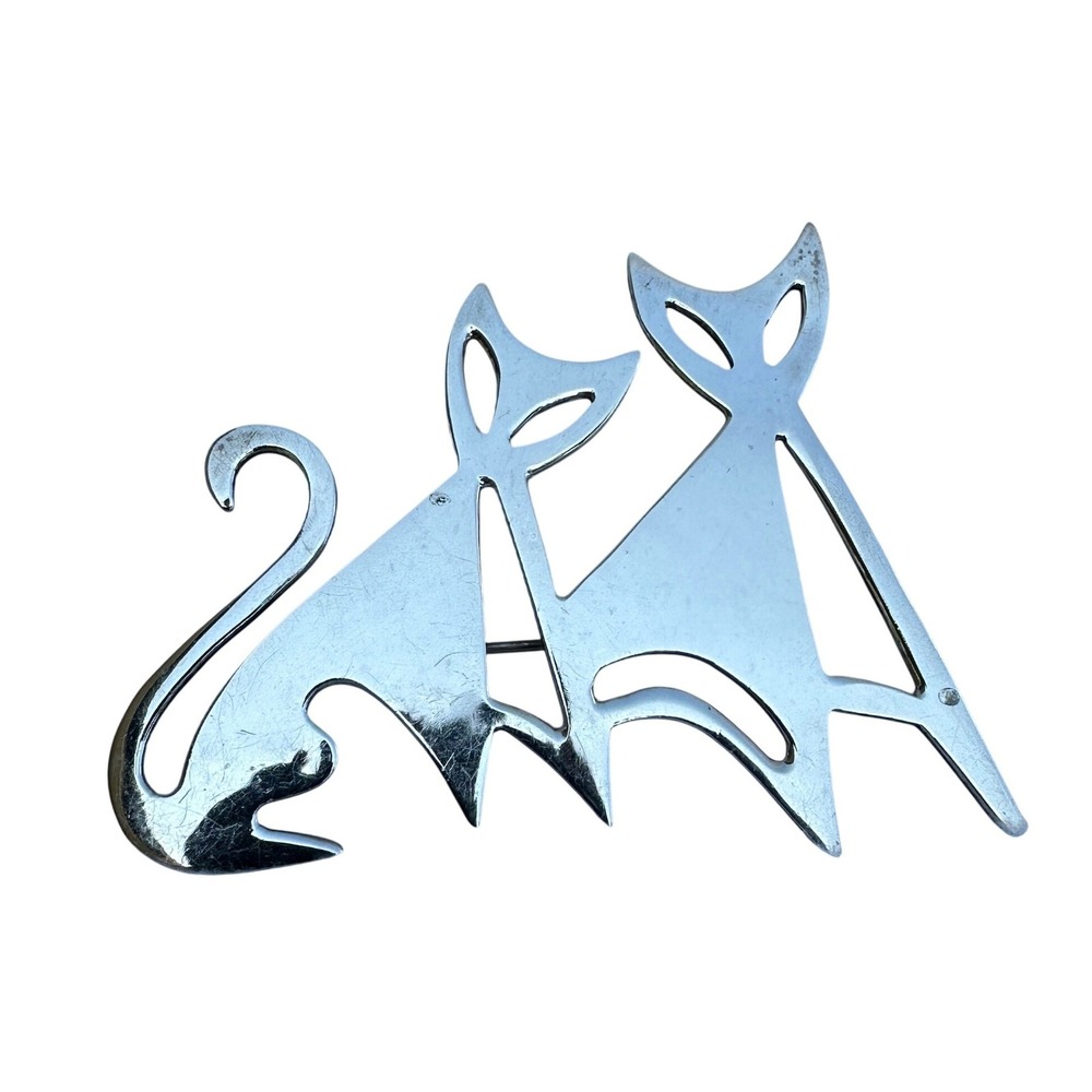 Vintage Mexico 925 Sterling Silver‎ MCM Atomic Cat Brooch Pin Stylized Mid Cent